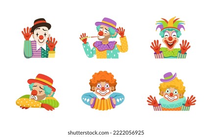 Funny Clown with Makeup-face and Flamboyant Costume Performing Comedy Vector Set