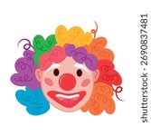 A funny clown in a multi-colored wig, face paint, red nose. Vector of a kind clown. Icon