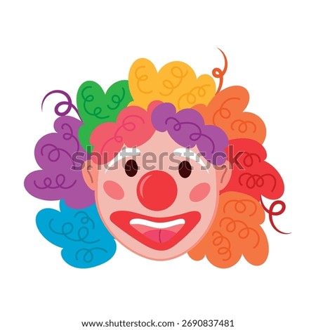 A funny clown in a multi-colored wig, face paint, red nose. Vector of a kind clown. Icon