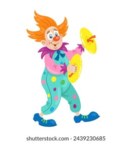 Funny clown musician with cymbals. In cartoon style. Isolated on white background. Vector flat illustration.