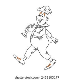 Funny clown musician goes with a trumpet in his hand. In cartoon style. Isolated on white background. Black and white contour picture with brown elements. For coloring book. Vector illustration.