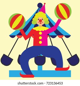 funny clown perform in front of a tent. vector illustration
