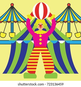 funny clown perform in front of a tent. vector illustration