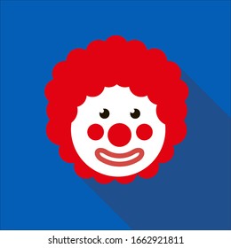 Funny Clown with red hair wig. 1 April Fools day. Blue background. Flat style.