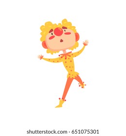 Funny clown in a red and yellow costume colorful cartoon character vector Illustration