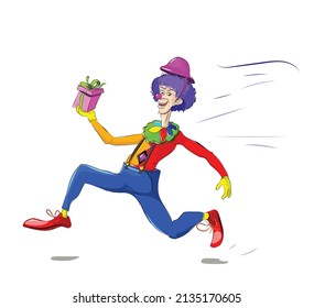 Funny Clown Running With Gift Box In Hand