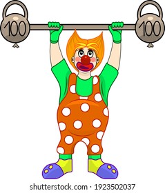 the funny clown series performs with a humorous number, lifting heavy weights from balloons isolated on a white background