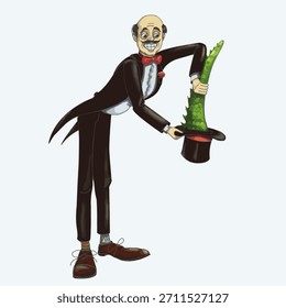 Lustiger Clown mit dem Teil von Krokodil statt des Kaninchens.  Handgezeichnete Illustration. Vektorgrafik 