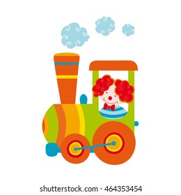 Funny clown in a train. Baby vector cartoon illustration.