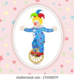 Funny clown with unicycle over star background