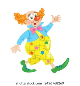Funny clown walks and waves his hand. In cartoon style. Isolated on  white background. Vector flat illustration.