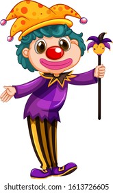 Funny clown wearing purple shirt holding magic wand illustration