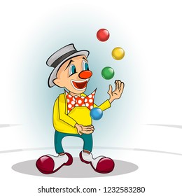 funny clown who juggles with colored balls on a white background. vector