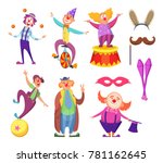Funny clowns characters and different circus accessories. Character cartoon clown, comedian and jester performance in costume, vector illustration