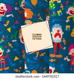 Funny clowns characters and different circus accessories seamless pattern. Character cartoon clown, comedian and jester performance in costume, vector illustration. Laughing, sad faces.