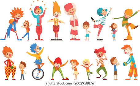 Funny Clowns Characters Set, Comedians Performing in Colorful Costume Cartoon Vector Illustration