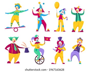 Funny clowns. Circus comedians with colorful costumes collection, various roles cartoon artist character, humorists carnival clothes. Childish birthday performer vector cartoon isolated set