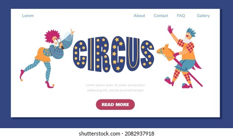 Funny clowns on hobby horse blowing up soap bubbles, landing page template flat vector illustration. Web banner for circus performance advertisement with cartoon jesters.