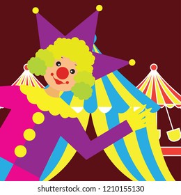 funny clowns perform in front of a tent. vector illustration