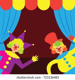 funny clowns perform in front of a tent. vector illustration