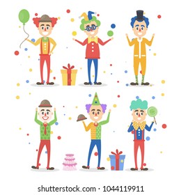 Funny clowns set with toys and decorations.