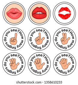 Funny coasters design for drinks with lips and fingers. Round form for bars, restaurant and café. How many fingers do you see?