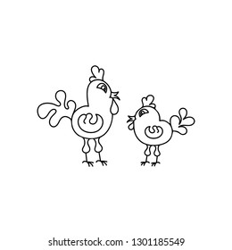  Funny cock and hen. Hand drawn vector illustration