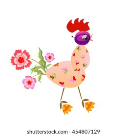 Funny cock of two eggs, plum and flowers. Childish design. Chinese year of the rooster.  2017. Drawing for children. Vector image. Greeting card.