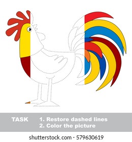 Funny Cock in vector to be traced, restore dashed line and color the picture, the simple visual kid game with easy education level for preschool children.