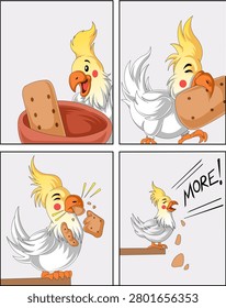 Funny cockatiel bird comic strip eating a biscuit and shouting for more vector illustration.