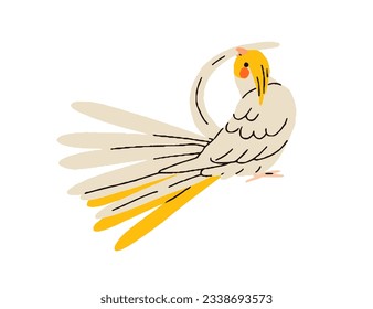 Funny cockatiel Reinigungsfedern. Pfefferkuchen, tropischer Dschungelparakäse, geschliffener Birdie-Vorhut-Schwanz. Quarrion, weero, exotischer Vogel. Flache grafische Vektorgrafik einzeln auf weißem Hintergrund