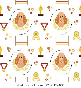 Funny cocker spaniel in cartoon style. Seamless pattern for background, textile, wrapping paper and merch. Dog agility championship.