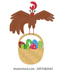 A funny cockerel sits on a basket of Easter eggs. Vector illustration on white background.