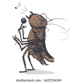 A Funny Cockroach Is Singing. Comic Character. Vector Illustration