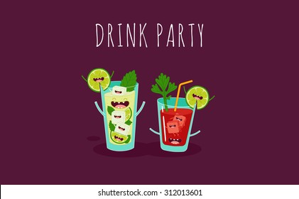 Funny cocktail Bloody Mary and Mojito. Vector illustration. Use for the menu, in the shop, in the bar, the card or stickers. Easy to edit. 