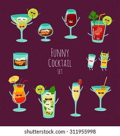 Funny cocktail set. Vector illustration. You can use in the menu, in the shop, in the bar, the card or stickers.