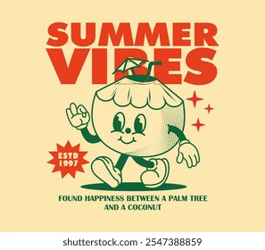 Funny coconut cartoon character illustration in vintage style for logo, mascot, merchandise, T-shirts, stickers, prints, and more