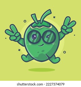 funny coconut character mascot with peace sign hand gesture isolated cartoon in flat style design