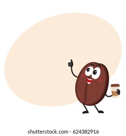 Funny coffee bean character with human face with paper cup showing thumb up, cartoon vector illustration with space for text. Coffee bean character, mascot drinking coffee from paper cup