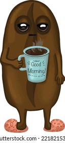 Funny coffee bean emodji waking up in the early morning. Hand drawn vector coffee bean with coffee cup. Design for coffee lovers, T-Shirt, stickers, paper cups, packaging design