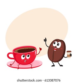 Graciosos personajes de la taza de café y café expreso mostrando el pulgar arriba, ilustración vectorial de dibujos animados con lugar para el texto. Judía de café con taza de café de papel y expreso, caracteres americanos, mascotas