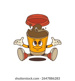 Funny coffee character sitting on the floor with open arms and joyful expression. Floating lid and swirling splash add playful energy. Perfect for branding, social media, and fun promotional materials