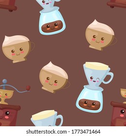 Funny Coffee characters seamless pattern. Happy smiling food & drink vector illustration isolated on white background. Wrapping paper, postcard concept. Coffee grinder, dripping coffee, cappuccino.