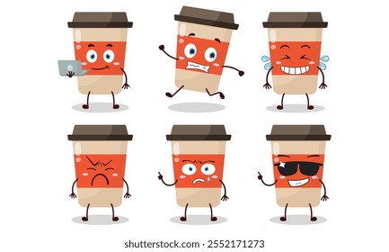 funny coffee cup cartoon character with many pose activity design illustration