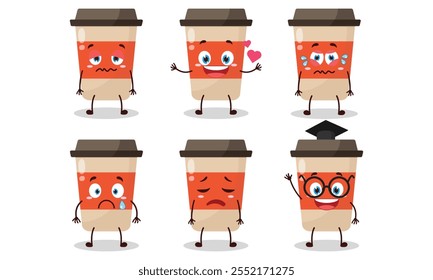 personagem engraçado do desenho animado da xícara de café com a ilustração diferente do projeto da atividade da pose