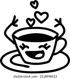 Funny coffee cup for morning caffeine kick. Black and white vector design illustration.