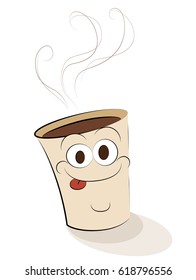 Funny coffee cup shows the tongue. Hand-drawn cartoon character. Isolated. 