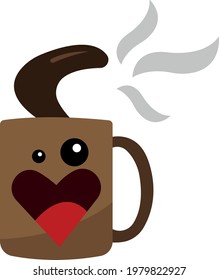 funny coffee cup with a splash of dark brown drink and aromatic steam on a white background