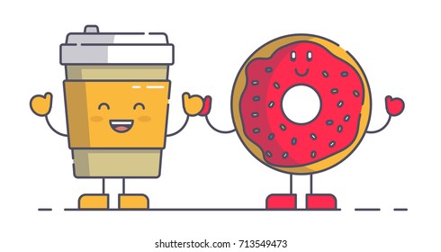 Funny coffee and donut character in flat style. Cute friends holding hands