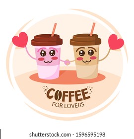 Funny coffee for lovers concept. Two-for-one coffee. Funny cartoon characters coffee cups holding a hearts.Coffee discount concept.